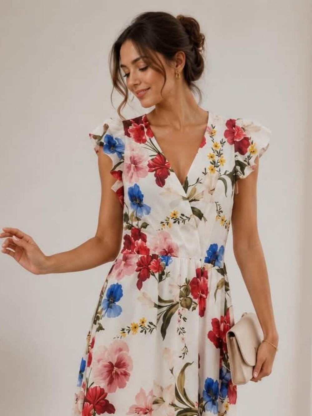 Rinascimento White Midi Dress with Pink & Blue Floral Motif